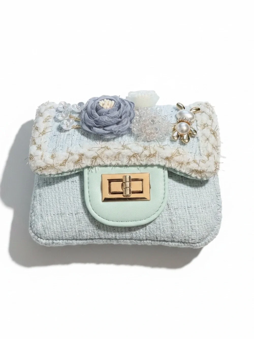 New Girls' Mint Tweed with Charms Mini Crossbody Shoulder Bag Purse Chain Strap